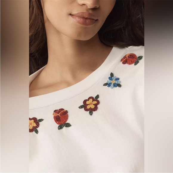 NW Anthropologie x Farm Rio Beaded Flowers Muscle Tee - white combo - medium - Picture 4 of 5